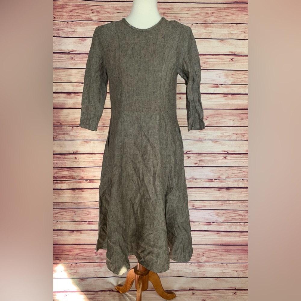 Maria Maruschka Sweden Lagenlook Pockets Linen A Line Long Sleeve Dress, Small